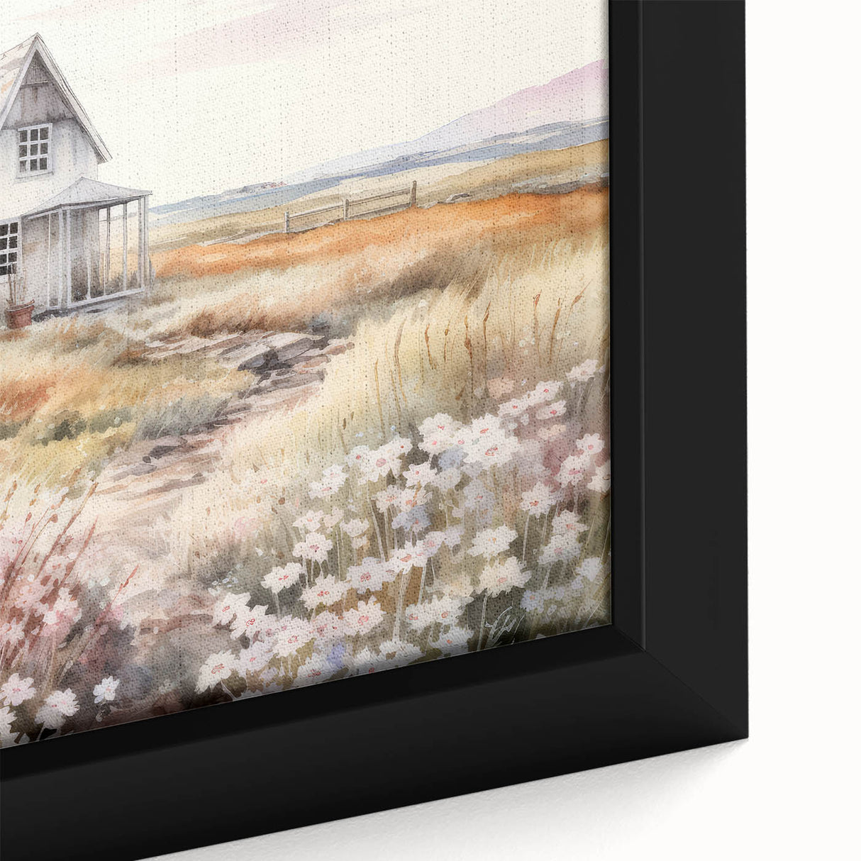 Vintage Landscape Art – Rustic House with Flowers and Warm Tones