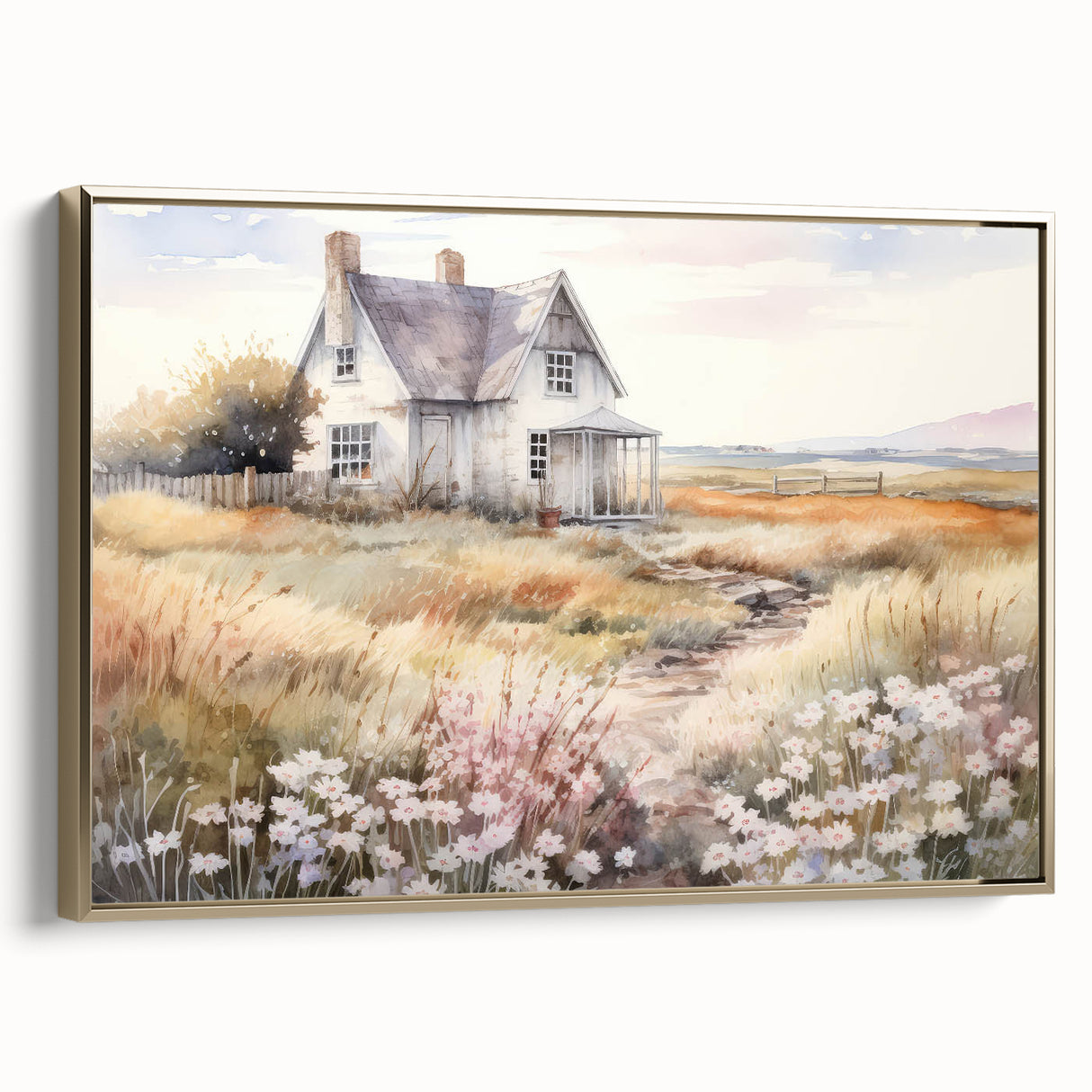 Vintage Landscape Art – Rustic House with Flowers and Warm Tones