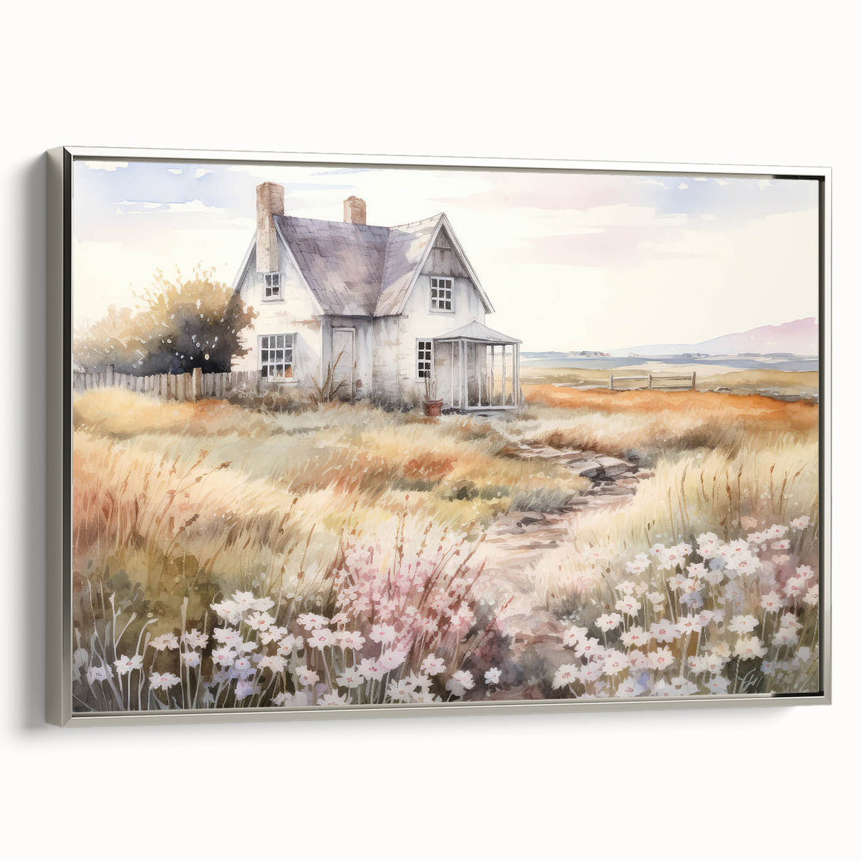 Vintage Landscape Art – Rustic House with Flowers and Warm Tones