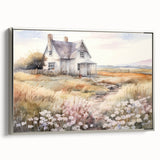Vintage Landscape Art – Rustic House with Flowers and Warm Tones