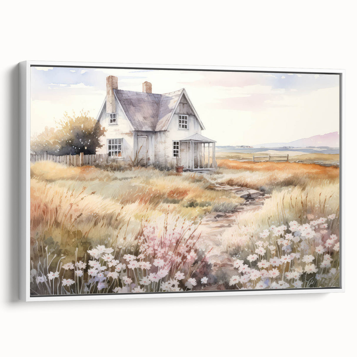 Vintage Landscape Art – Rustic House with Flowers and Warm Tones