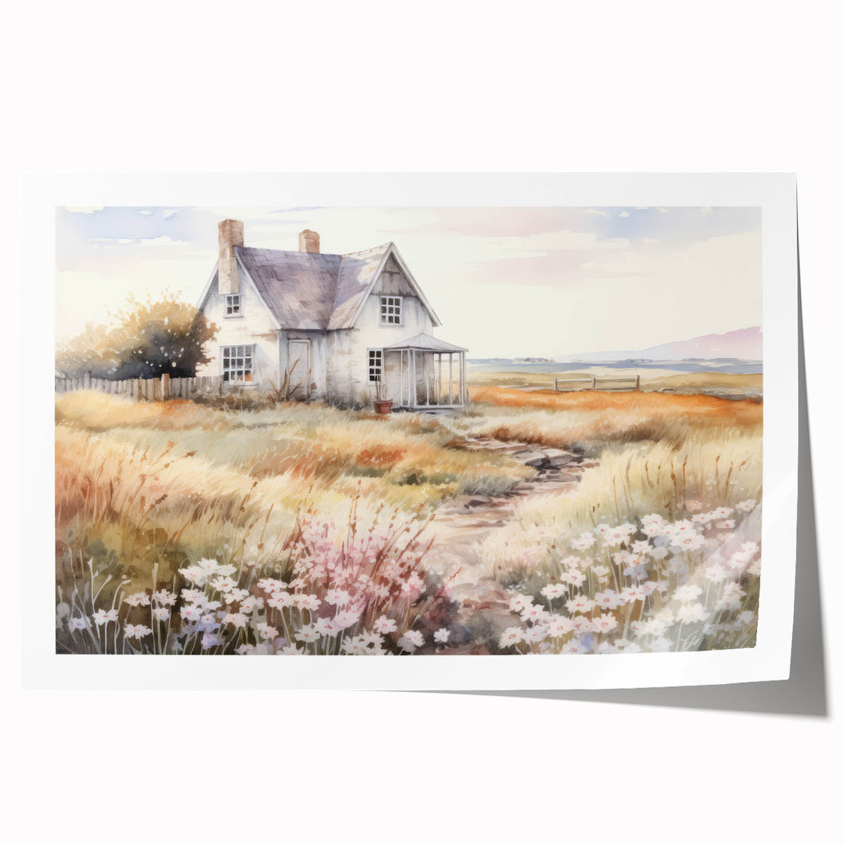 Vintage Landscape Art – Rustic House with Flowers and Warm Tones