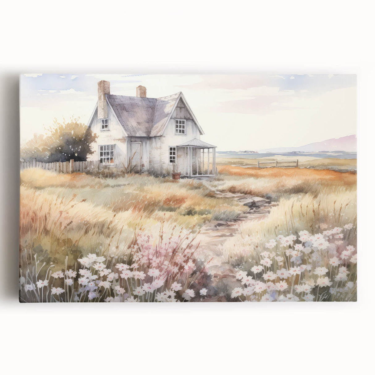 Vintage Landscape Art – Rustic House with Flowers and Warm Tones