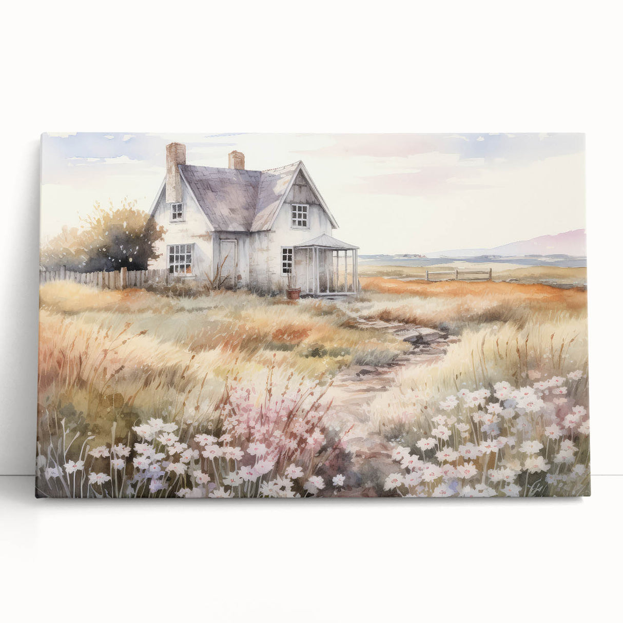 Vintage Landscape Art – Rustic House with Flowers and Warm Tones