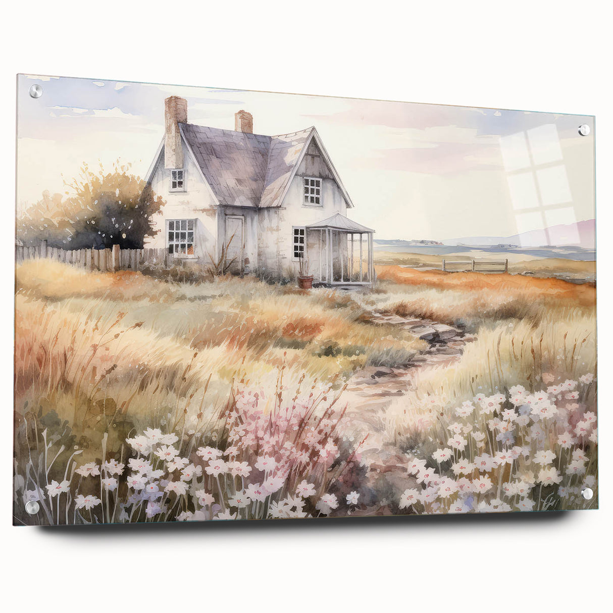 Vintage Landscape Art – Rustic House with Flowers and Warm Tones