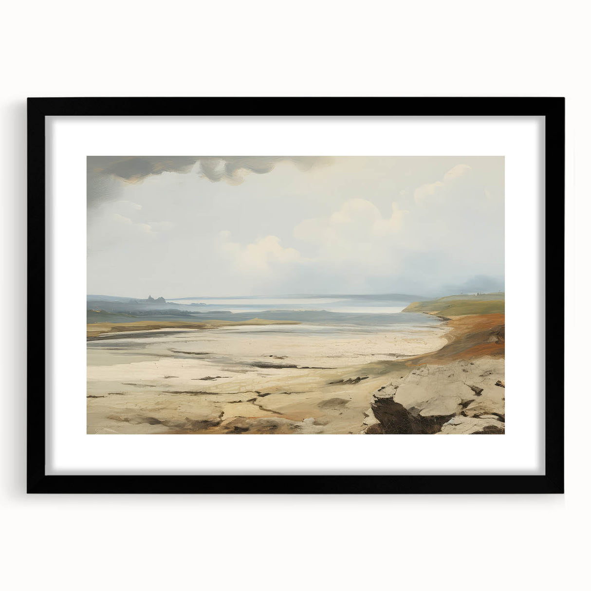 Vintage Landscape Art – Coastal Scene with Soft Beige and Blue Tones