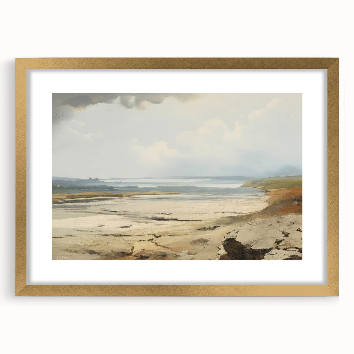 Vintage Landscape Art – Coastal Scene with Soft Beige and Blue Tones