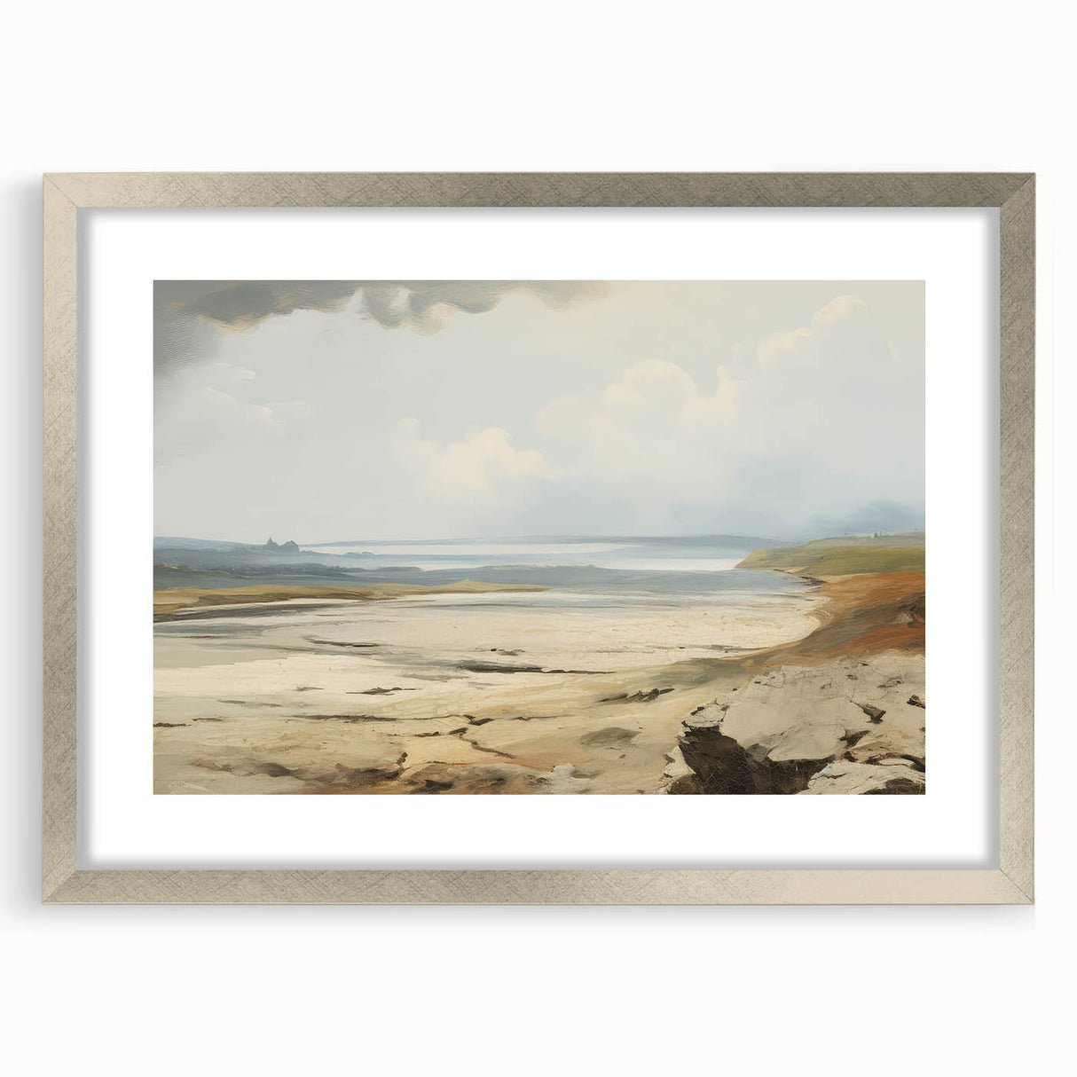 Vintage Landscape Art – Coastal Scene with Soft Beige and Blue Tones