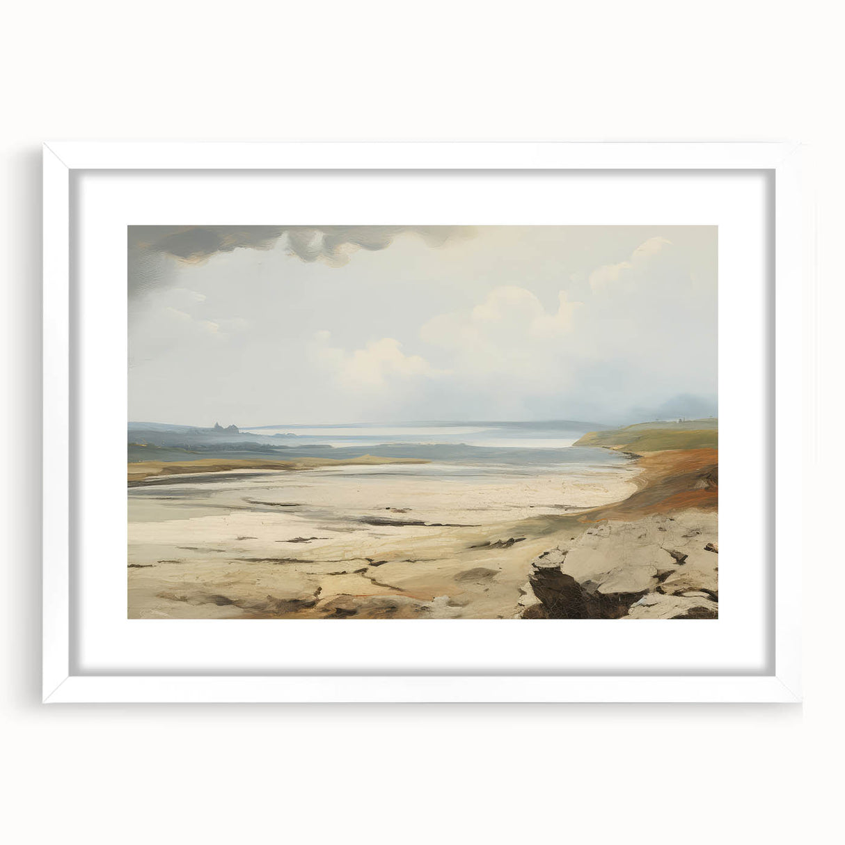 Vintage Landscape Art – Coastal Scene with Soft Beige and Blue Tones