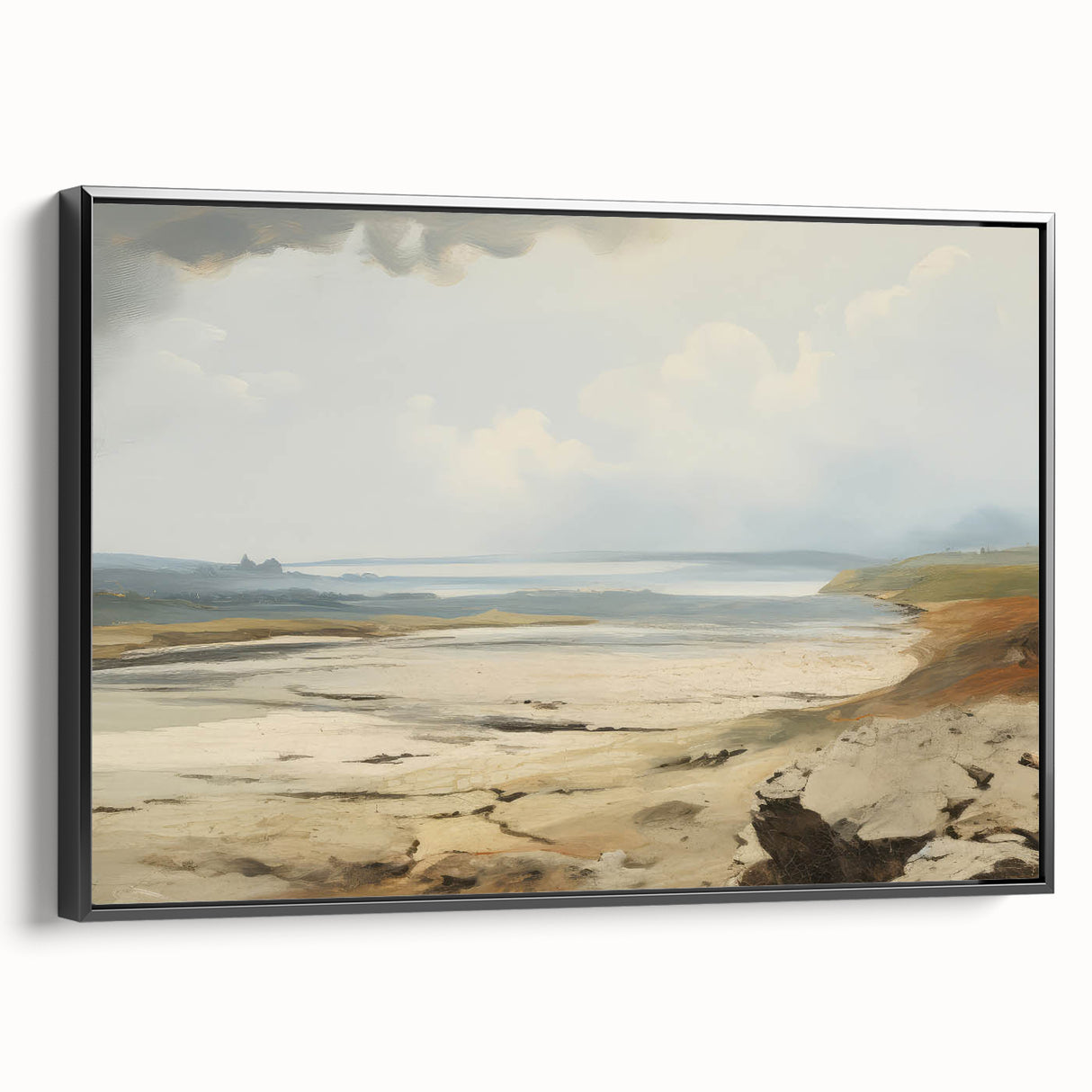 Vintage Landscape Art – Coastal Scene with Soft Beige and Blue Tones