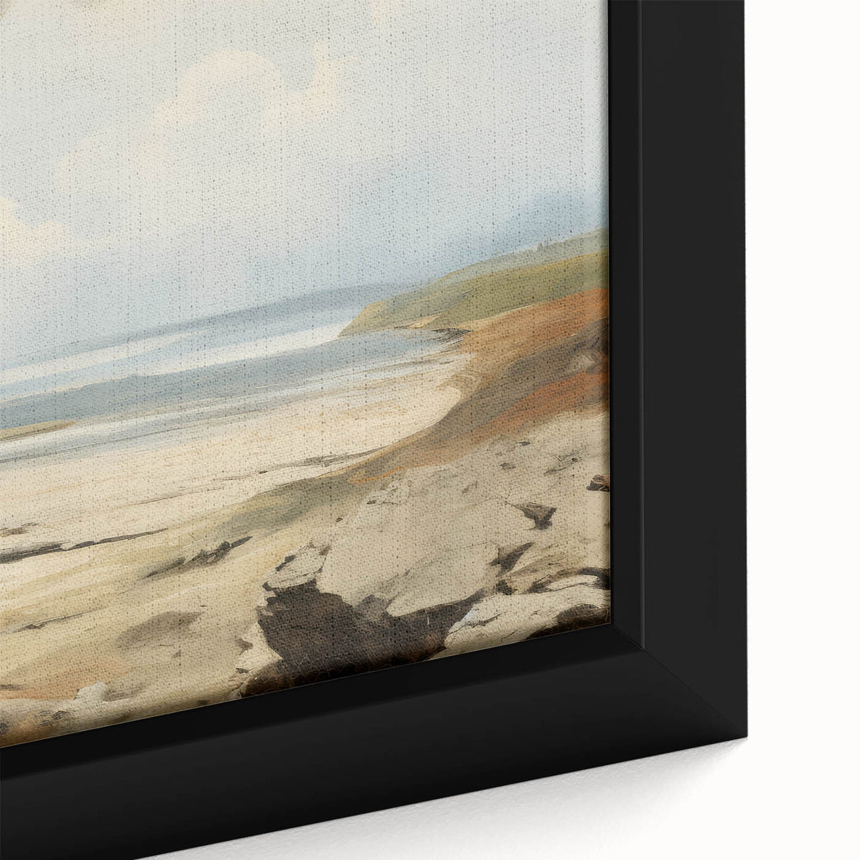 Vintage Landscape Art – Coastal Scene with Soft Beige and Blue Tones