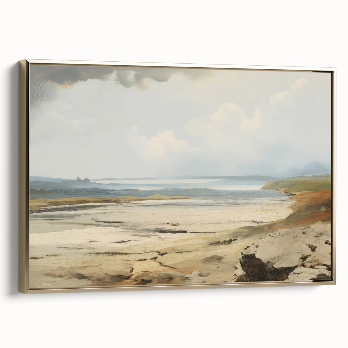 Vintage Landscape Art – Coastal Scene with Soft Beige and Blue Tones