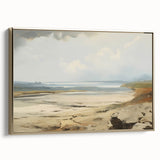 Vintage Landscape Art – Coastal Scene with Soft Beige and Blue Tones