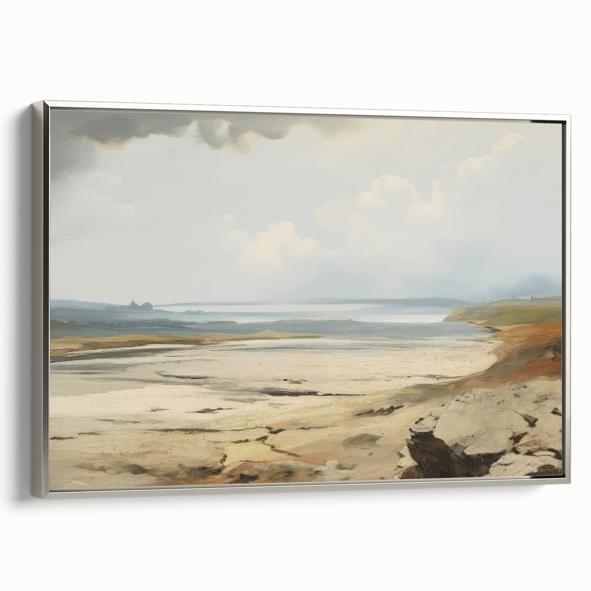 Vintage Landscape Art – Coastal Scene with Soft Beige and Blue Tones