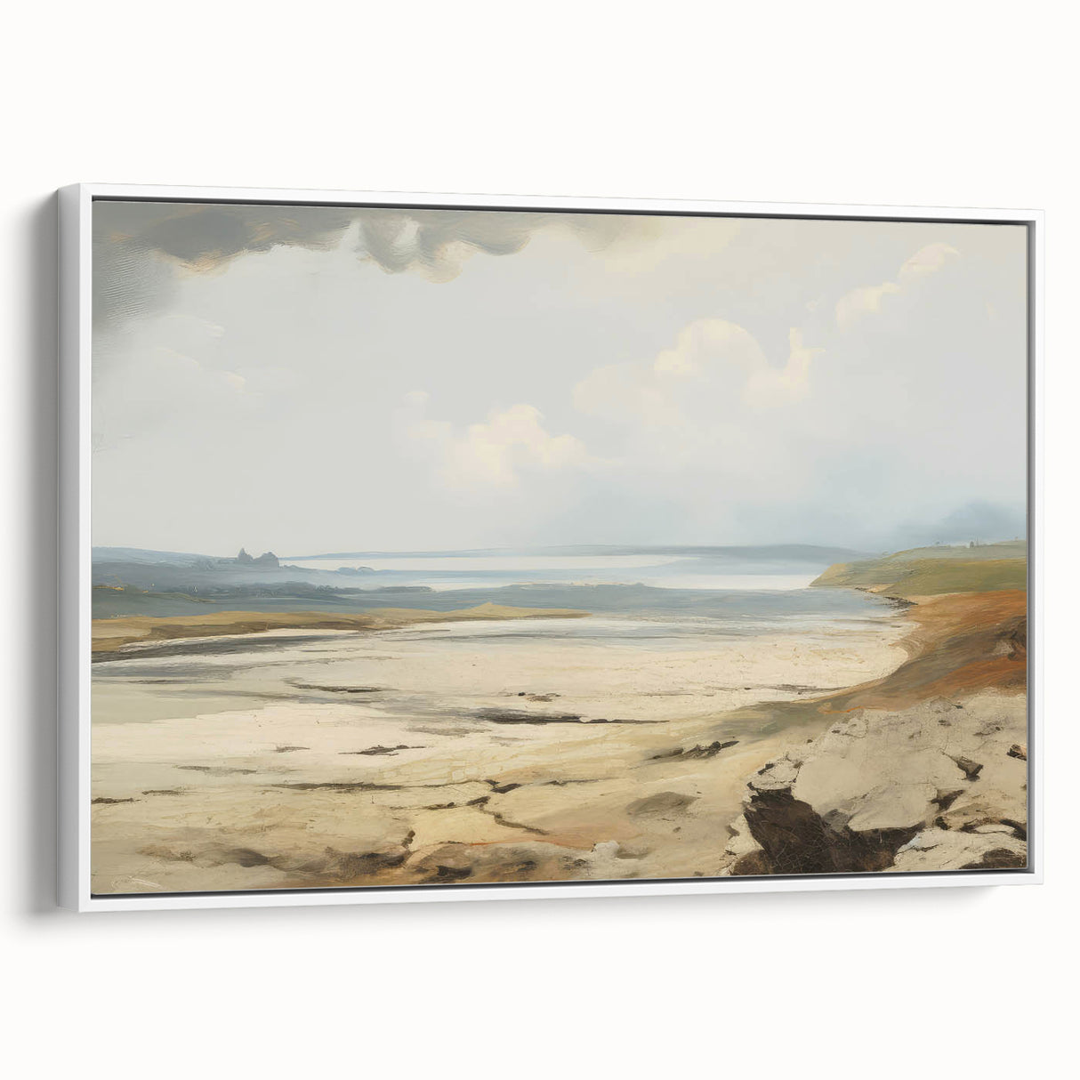 Vintage Landscape Art – Coastal Scene with Soft Beige and Blue Tones
