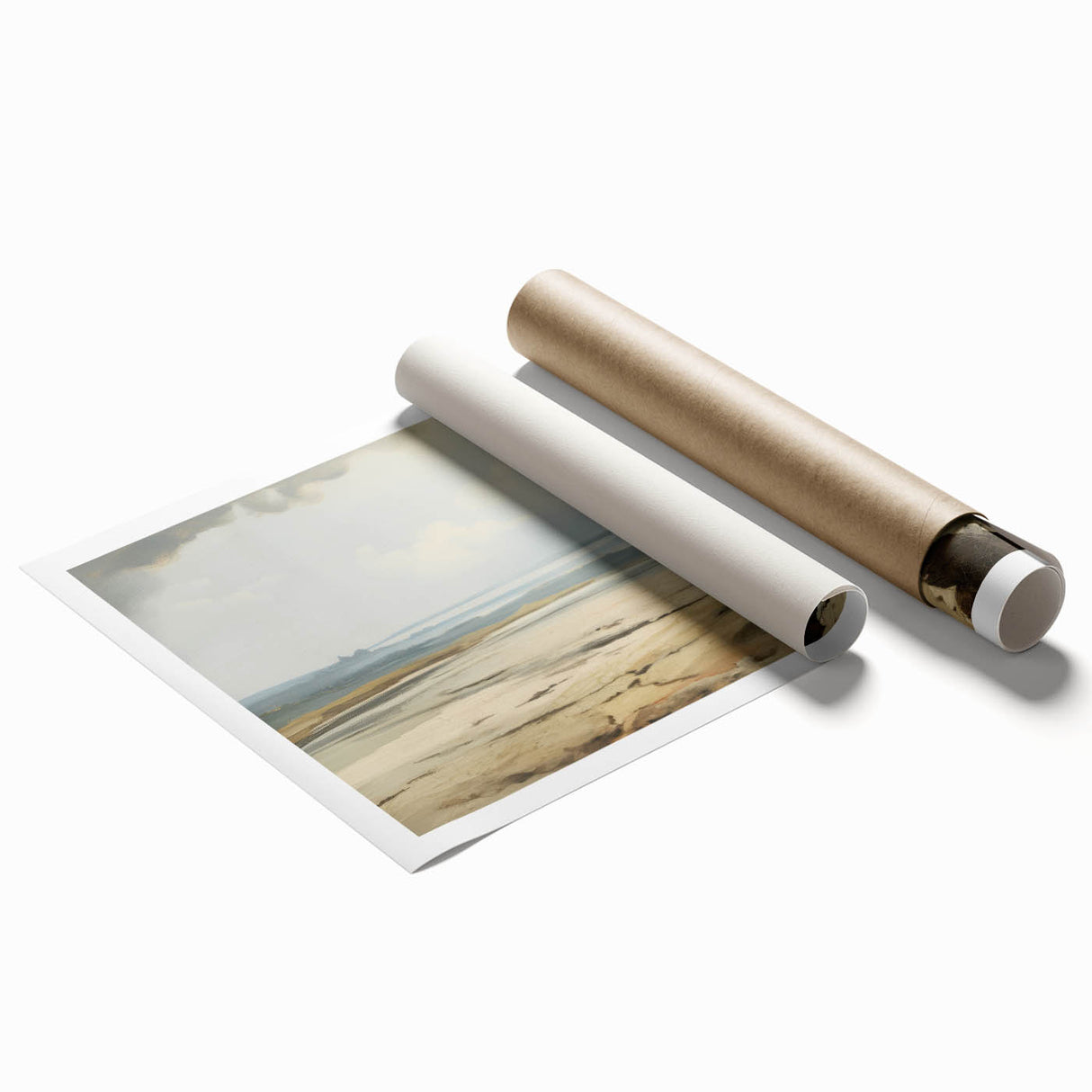 Vintage Landscape Art – Coastal Scene with Soft Beige and Blue Tones
