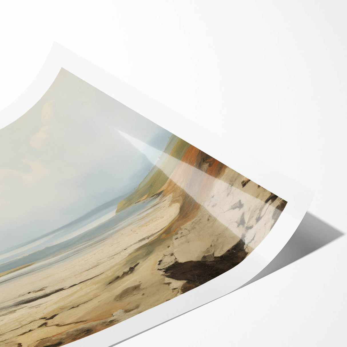 Vintage Landscape Art – Coastal Scene with Soft Beige and Blue Tones