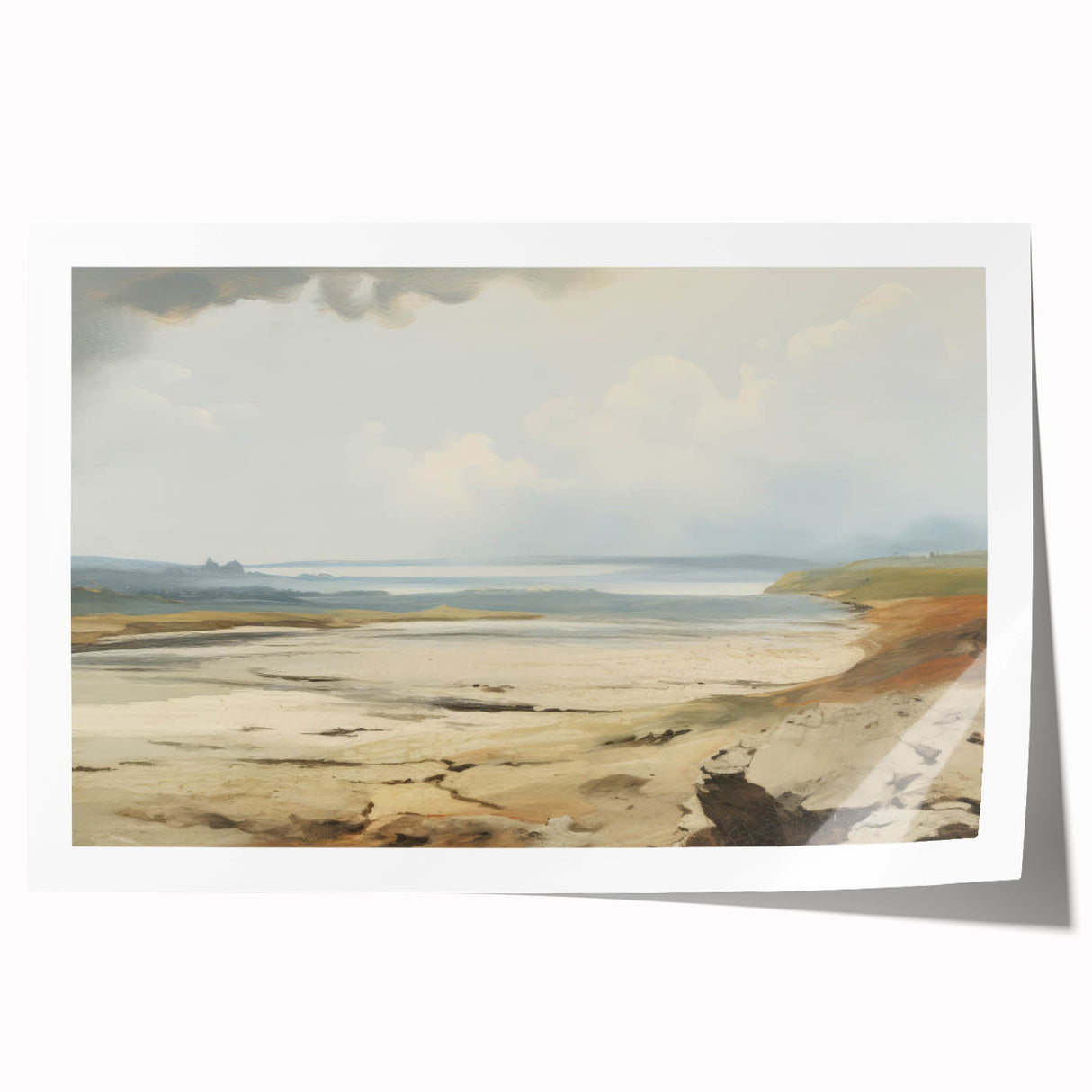 Vintage Landscape Art – Coastal Scene with Soft Beige and Blue Tones