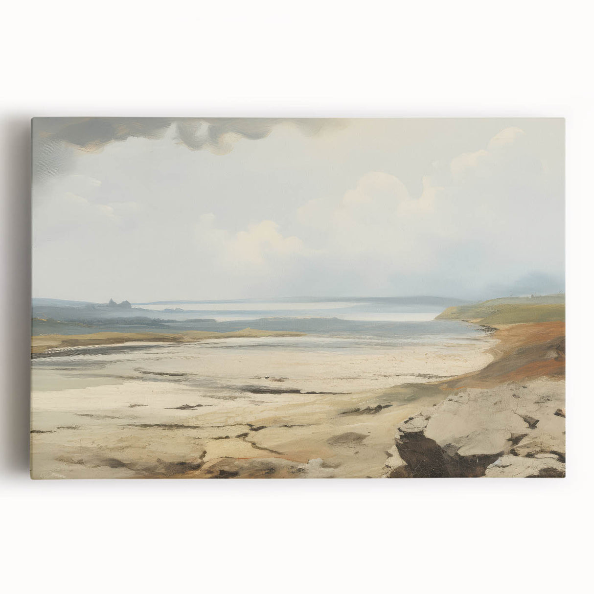 Vintage Landscape Art – Coastal Scene with Soft Beige and Blue Tones