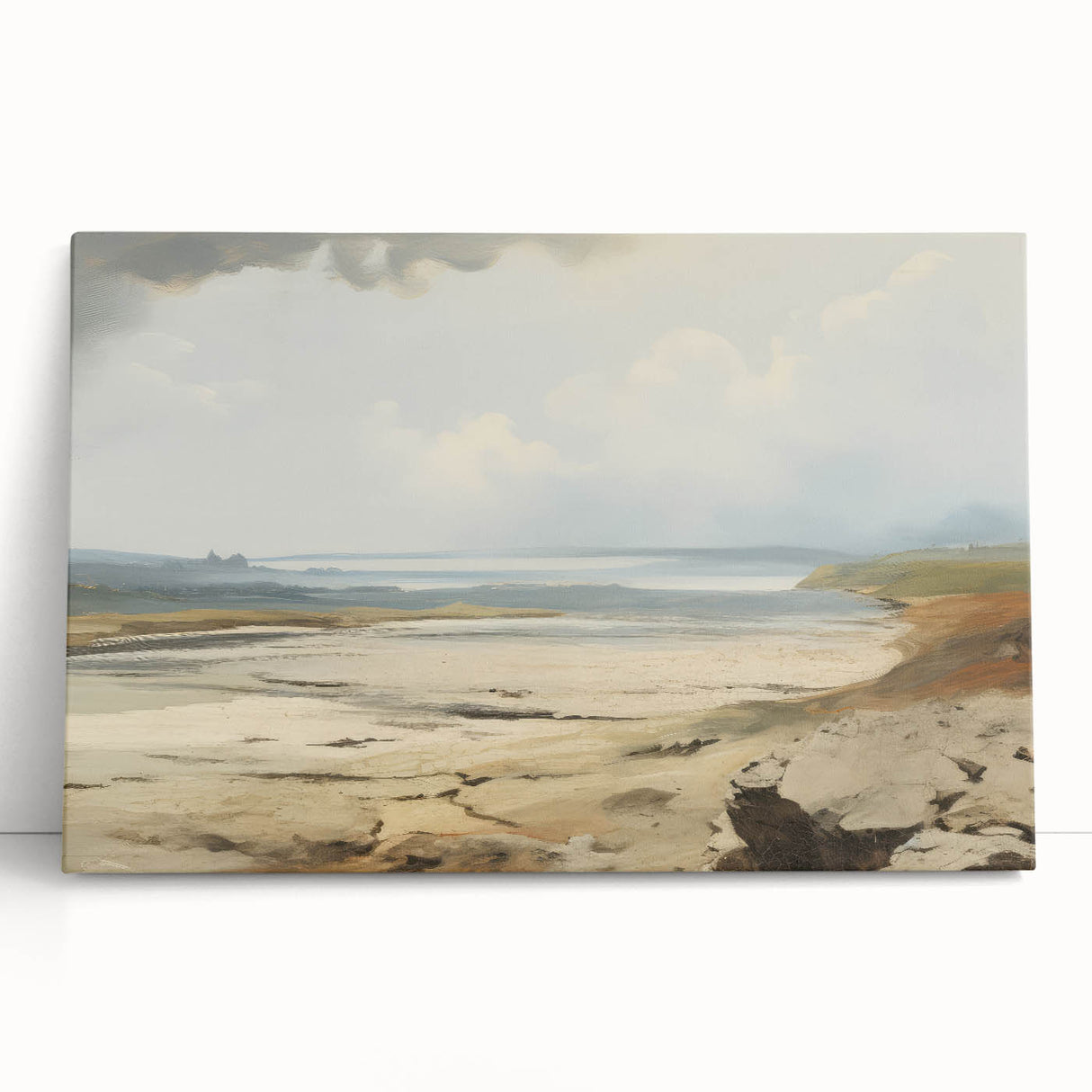 Vintage Landscape Art – Coastal Scene with Soft Beige and Blue Tones