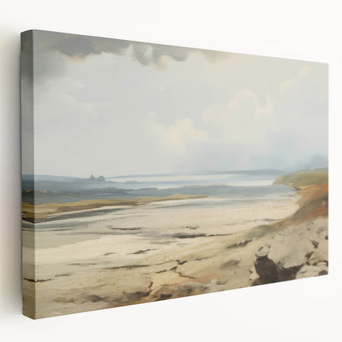 Vintage Landscape Art – Coastal Scene with Soft Beige and Blue Tones