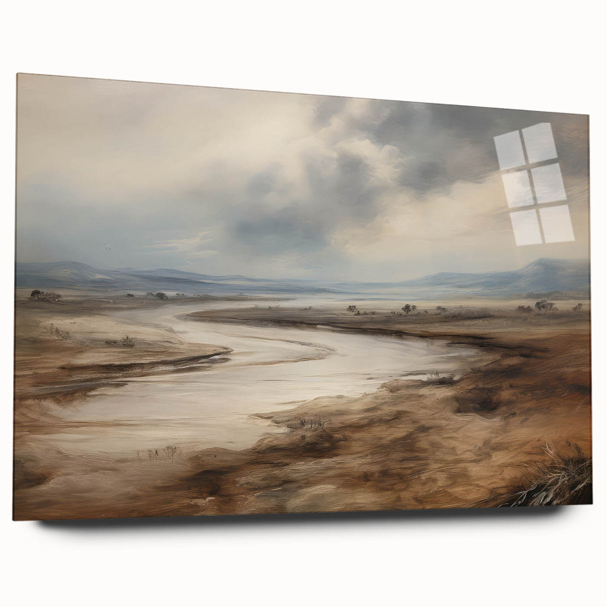 Vintage Landscape Art – Winding River in Warm Brown and Beige Tones