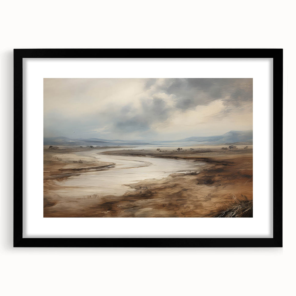 Vintage Landscape Art – Winding River in Warm Brown and Beige Tones