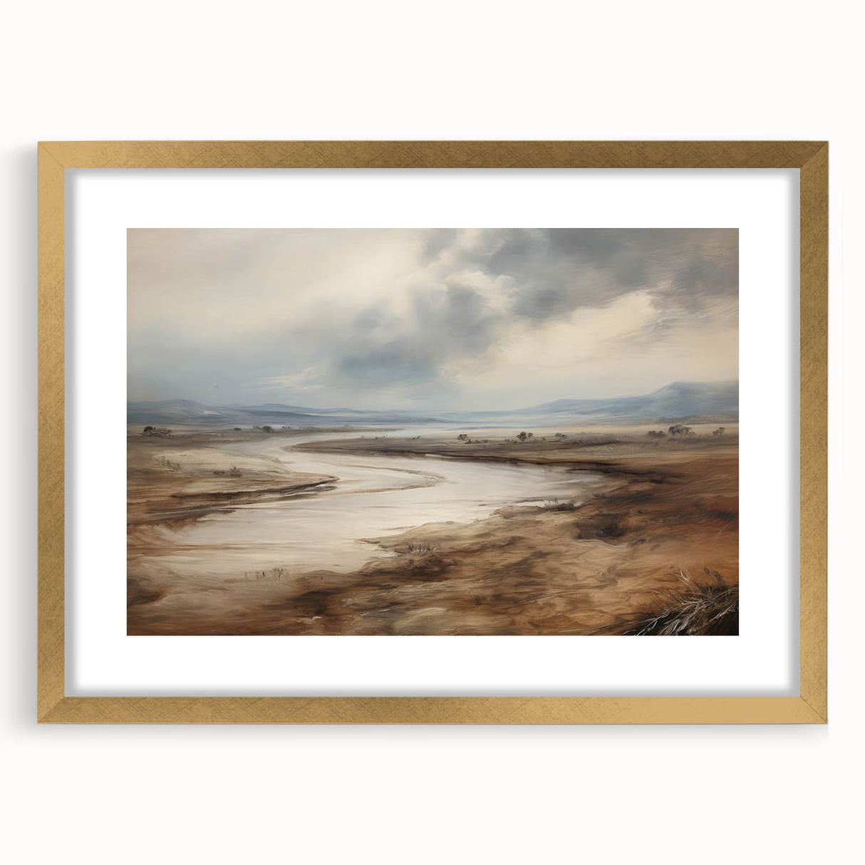 Vintage Landscape Art – Winding River in Warm Brown and Beige Tones