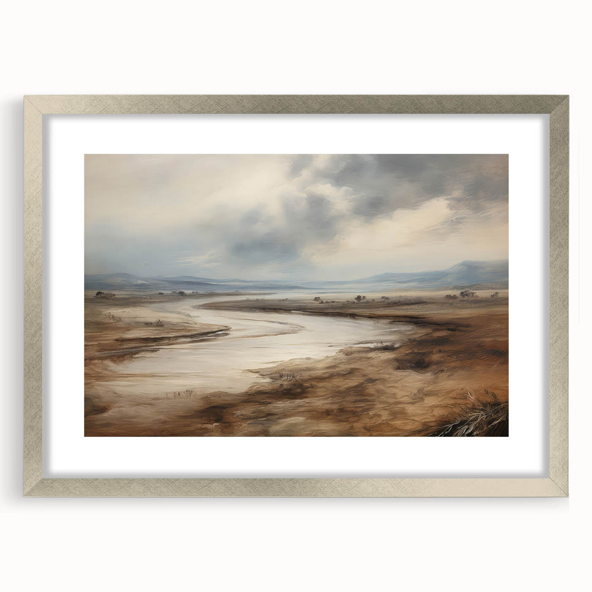 Vintage Landscape Art – Winding River in Warm Brown and Beige Tones
