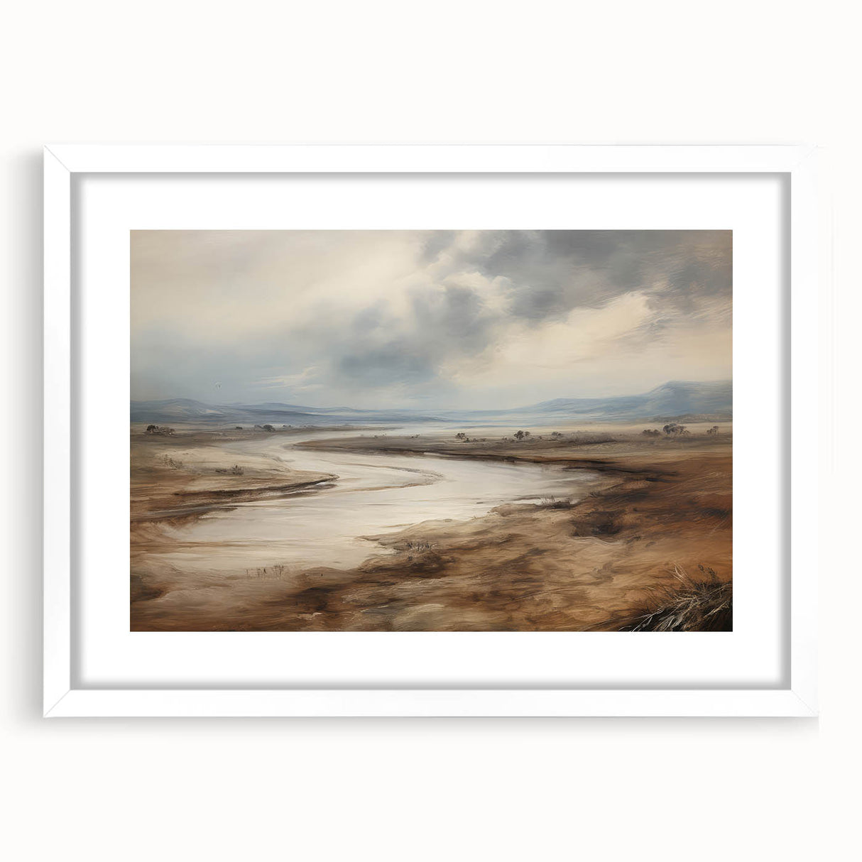 Vintage Landscape Art – Winding River in Warm Brown and Beige Tones