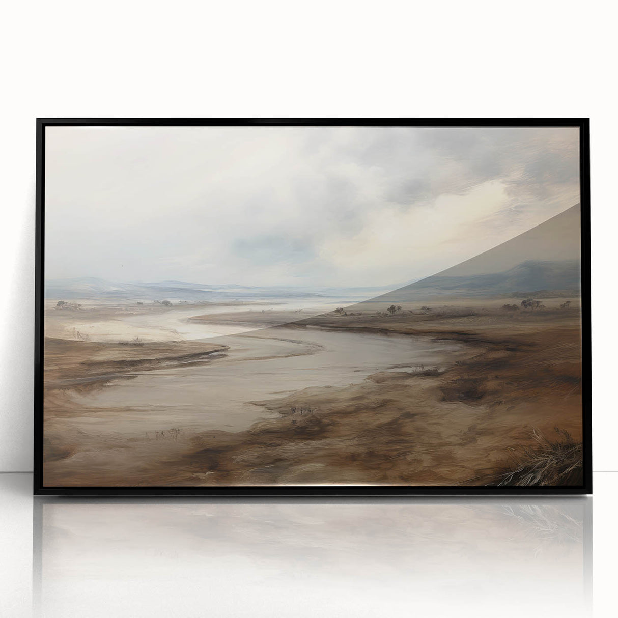 Vintage Landscape Art – Winding River in Warm Brown and Beige Tones