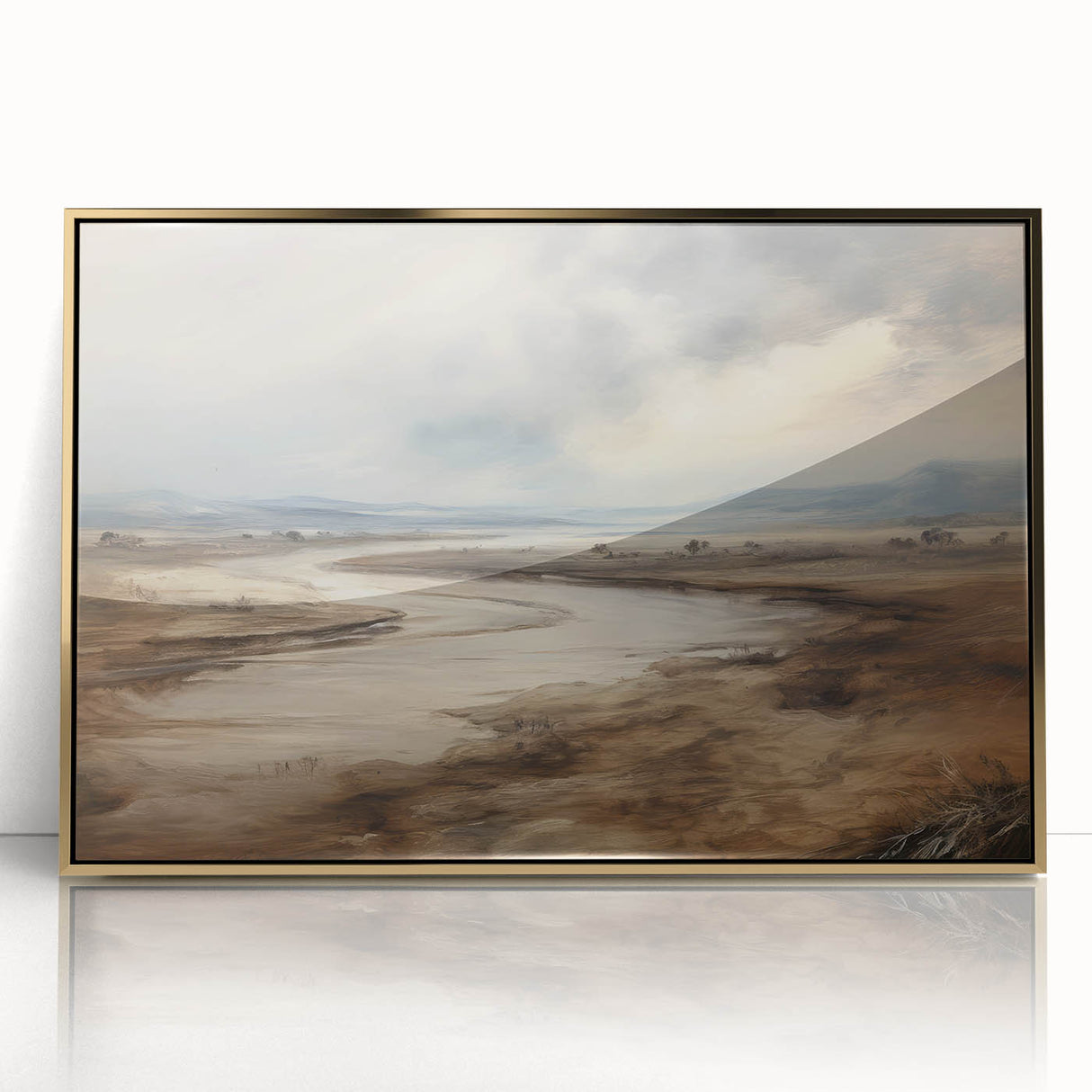 Vintage Landscape Art – Winding River in Warm Brown and Beige Tones