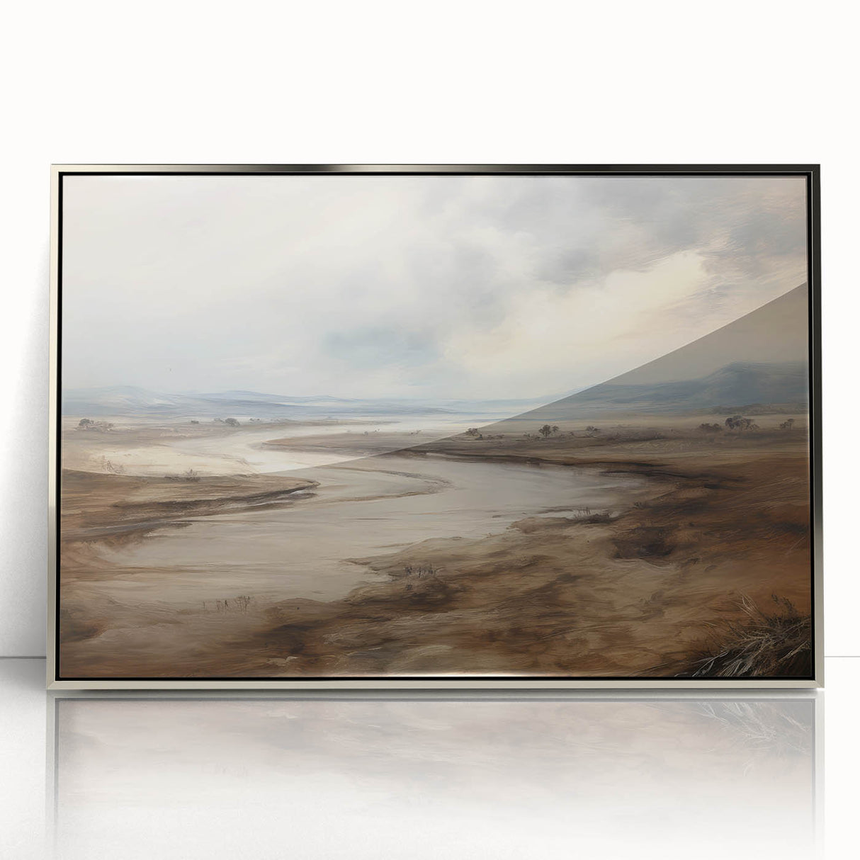 Vintage Landscape Art – Winding River in Warm Brown and Beige Tones