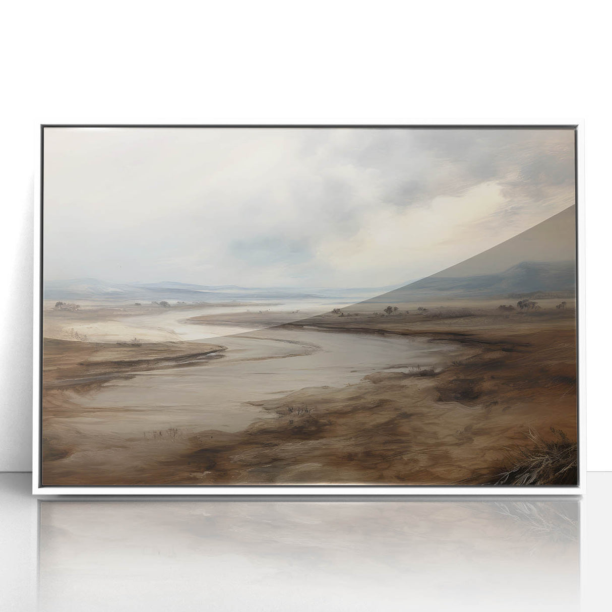 Vintage Landscape Art – Winding River in Warm Brown and Beige Tones