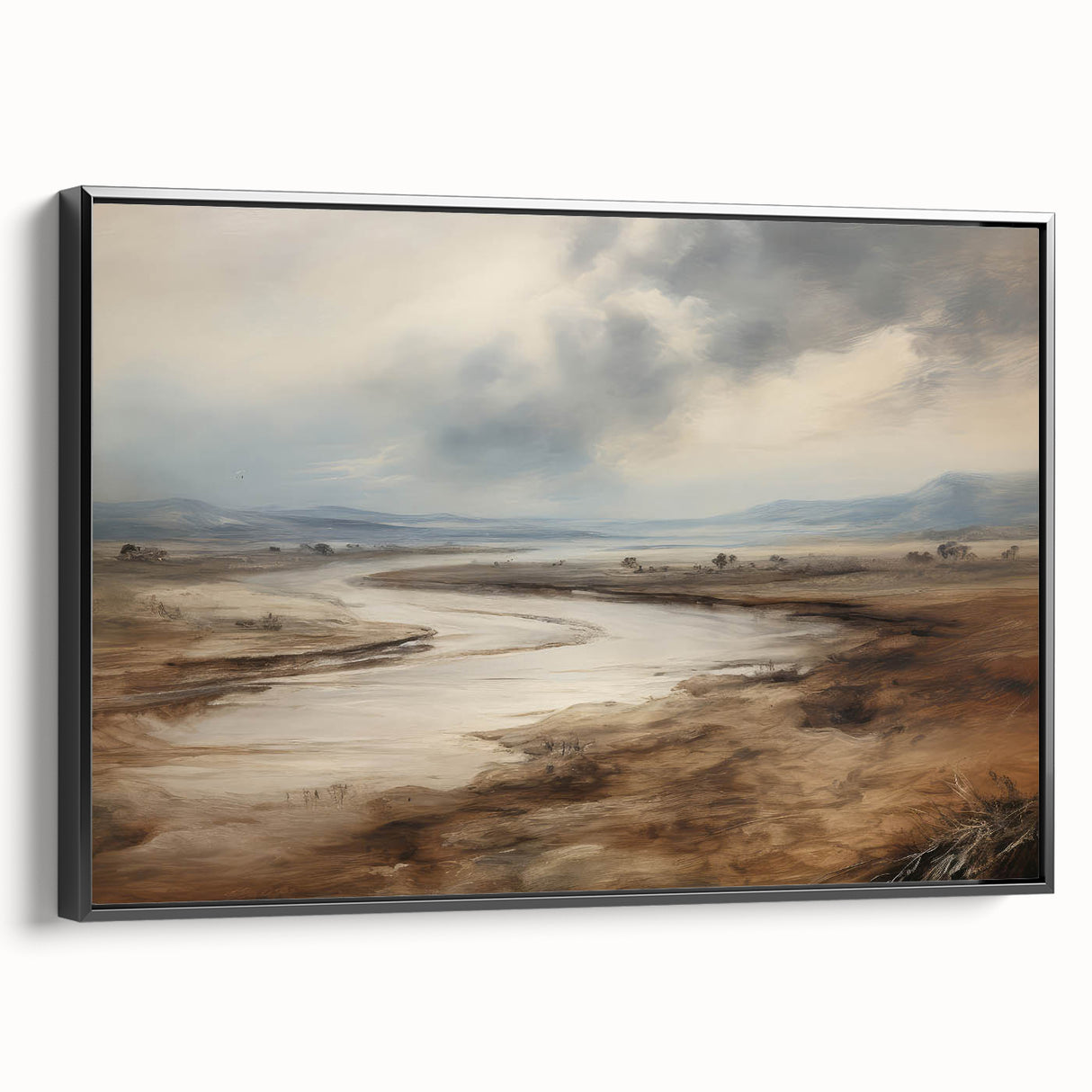 Vintage Landscape Art – Winding River in Warm Brown and Beige Tones