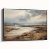 Vintage Landscape Art – Winding River in Warm Brown and Beige Tones