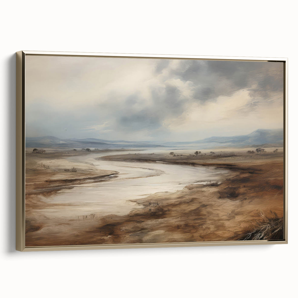 Vintage Landscape Art – Winding River in Warm Brown and Beige Tones