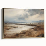 Vintage Landscape Art – Winding River in Warm Brown and Beige Tones