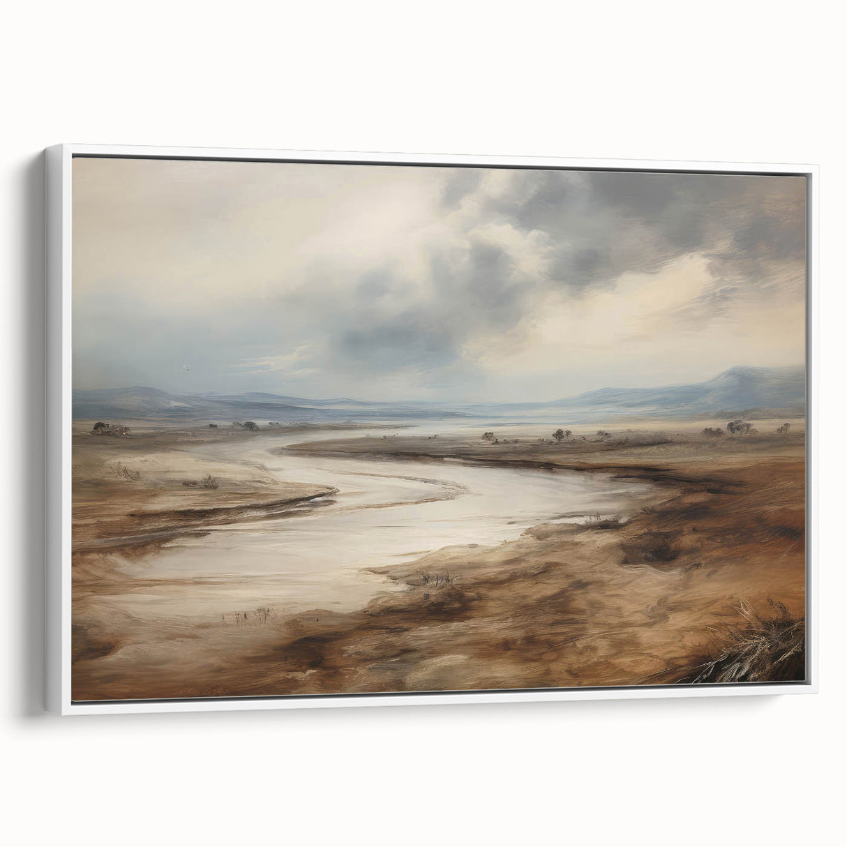 Vintage Landscape Art – Winding River in Warm Brown and Beige Tones