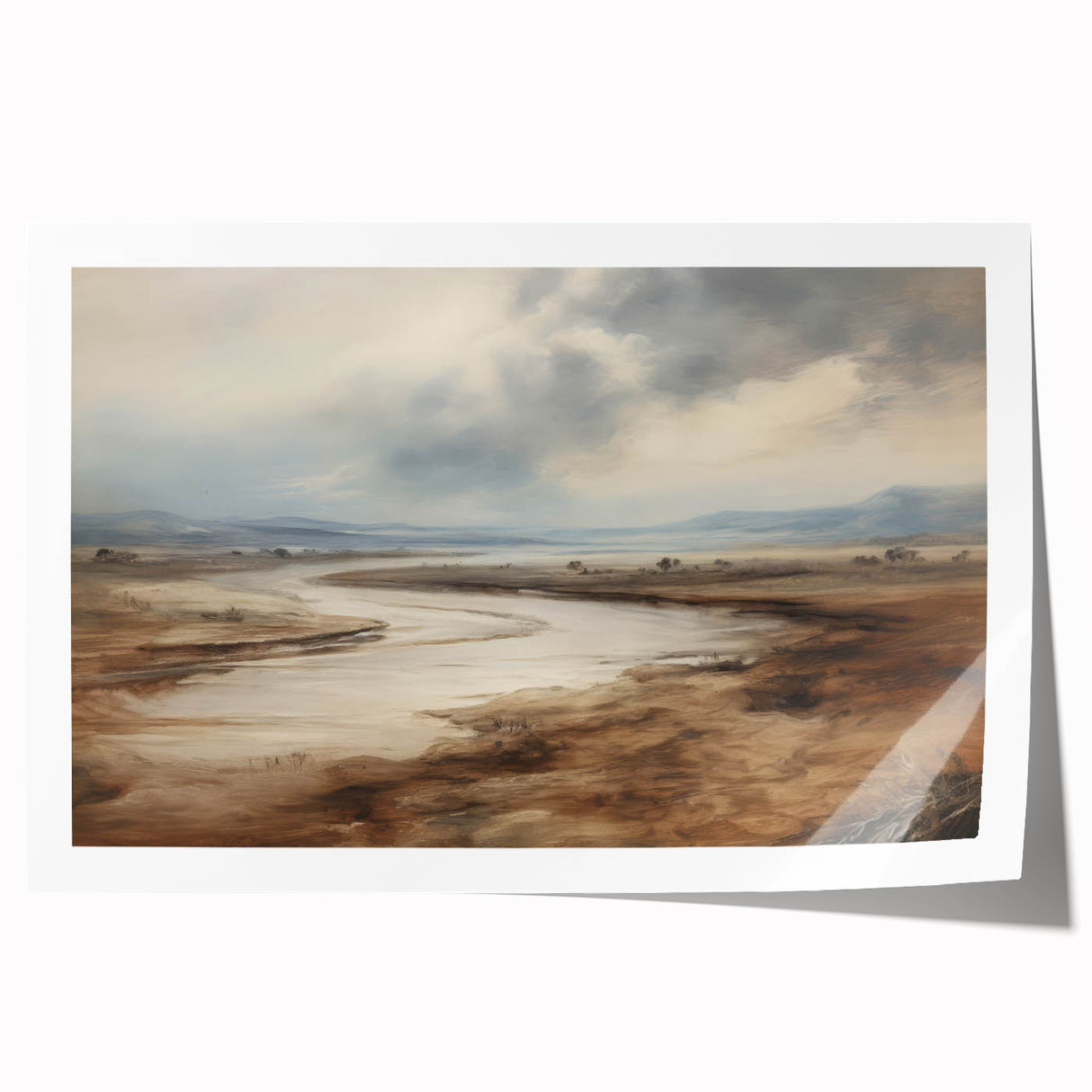 Vintage Landscape Art – Winding River in Warm Brown and Beige Tones