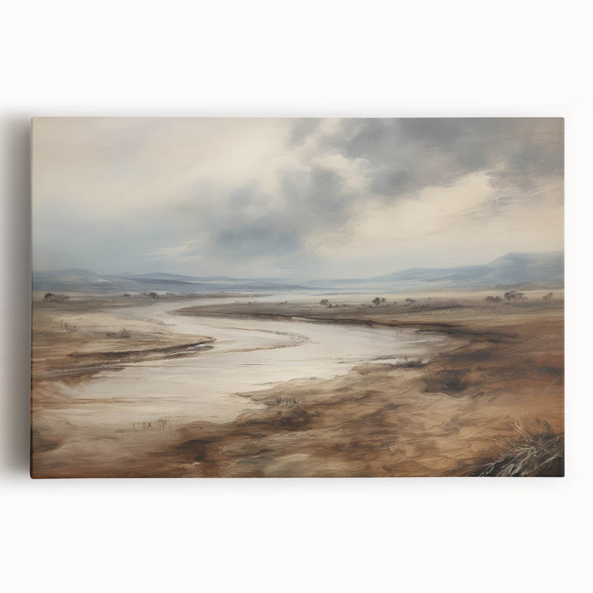 Vintage Landscape Art – Winding River in Warm Brown and Beige Tones