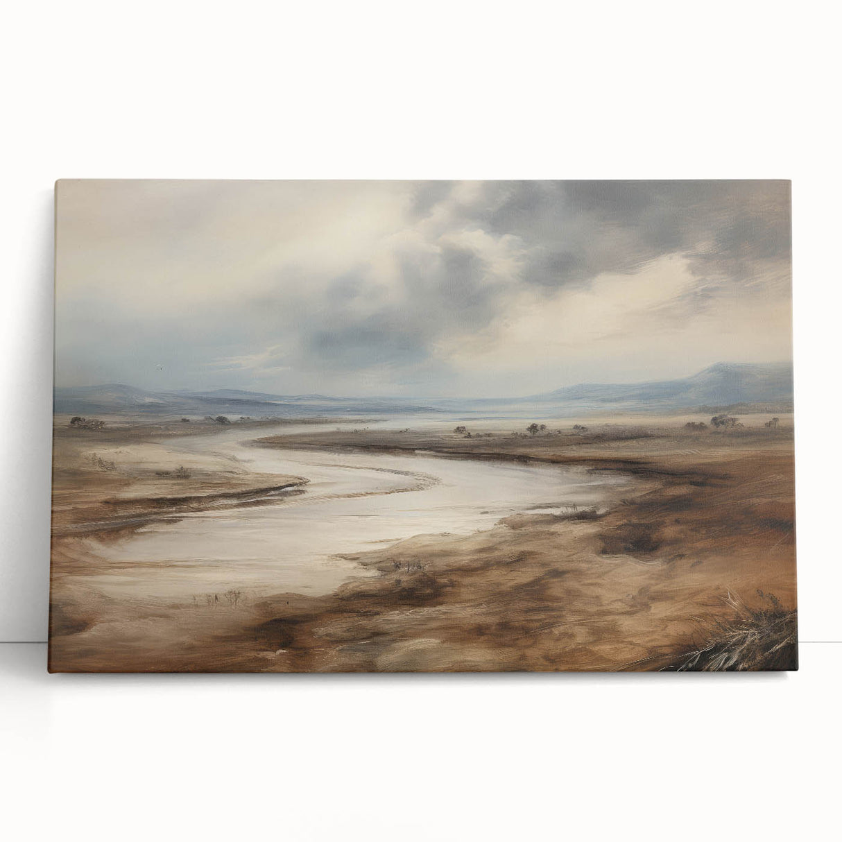 Vintage Landscape Art – Winding River in Warm Brown and Beige Tones