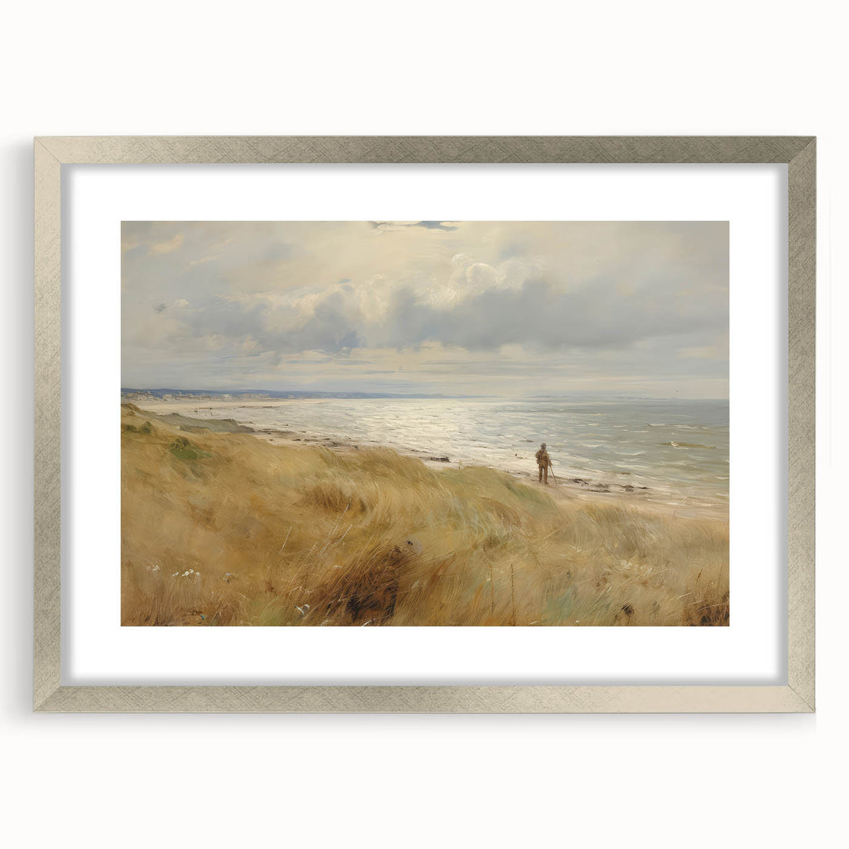 Vintage Landscape Art – Coastal Beach Scene with Walker – Antique Seaside Wall Art