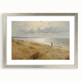 Vintage Landscape Art – Coastal Beach Scene with Walker – Antique Seaside Wall Art