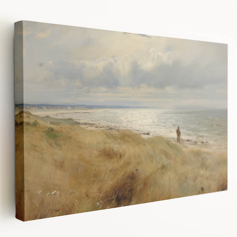 Vintage Landscape Art – Coastal Beach Scene with Walker – Antique Seaside Wall Art