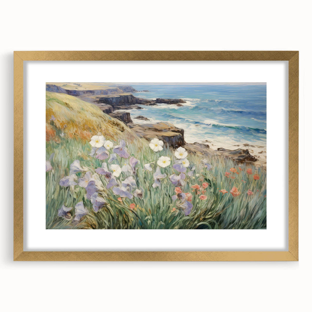 Vintage Landscape Art – Coastal Cliff with Wildflowers – Antique Seaside Wall Art