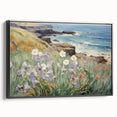 Vintage Landscape Art – Coastal Cliff with Wildflowers – Antique Seaside Wall Art