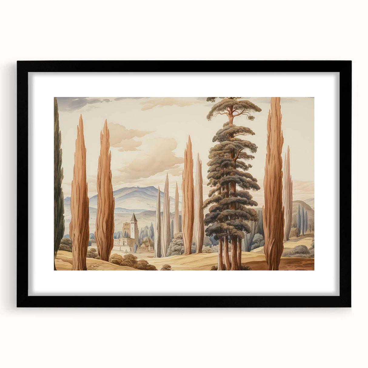 Vintage Landscape Art – Towering Cypress Trees and Scenic Castle – Antique European Wall Art