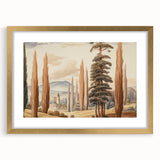 Vintage Landscape Art – Towering Cypress Trees and Scenic Castle – Antique European Wall Art