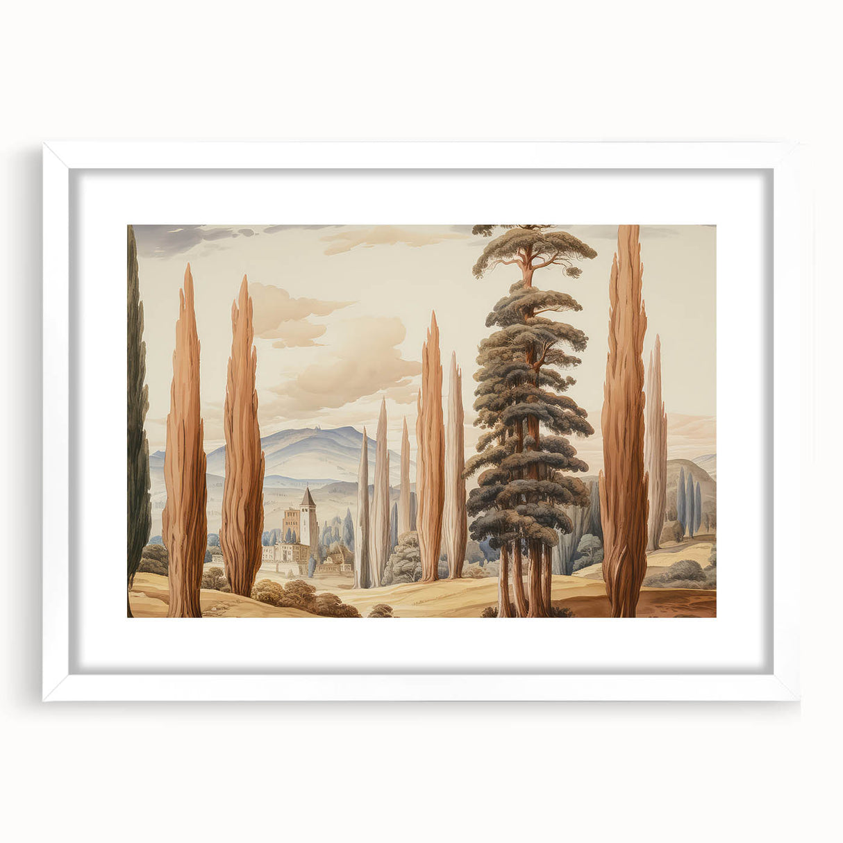 Vintage Landscape Art – Towering Cypress Trees and Scenic Castle – Antique European Wall Art
